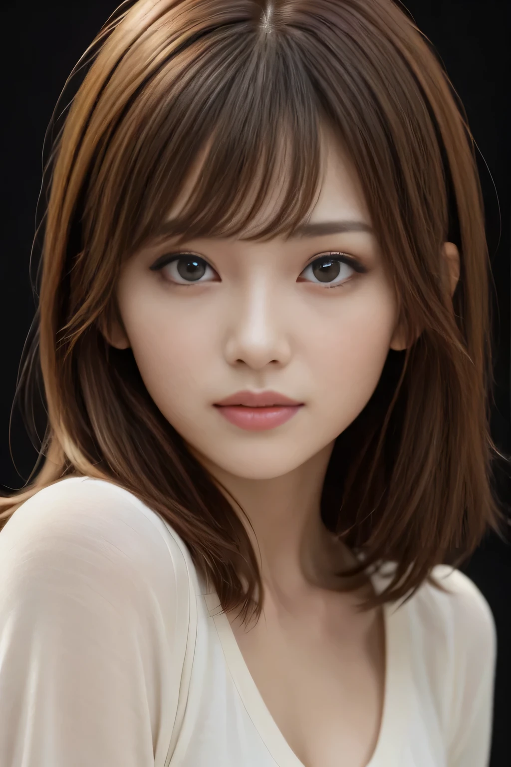 One woman, Japan 30 years old, Star Eye, Perfect lighting, Red-brown hairs, Reddish brown eyes, Unreal Engine, Side light, Detailed face, Detailed eyes、bangs, Light Skin, Simple Background, Dark Background, Plain T-shirt、Straight medium hair、Bust up shot, Perfect Makeup、