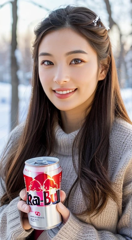 (masterpiece:1.35),(best-quality:1.4),8k,ultra-detailed,photography,(ultra-realistic:1.4),adult girl,long hair,sweater,snowing background,holding energy drink,Redbull brand,beautiful detailed eyes,beautiful detailed lips,extremely detailed face and eyes,longeyelashes,winter,snow,cozy,warm,smiling,calm,natural lighting,soft colors,glowing skin,intricate details