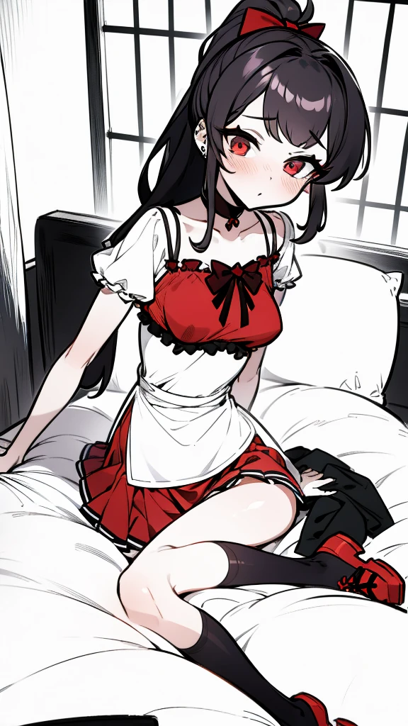 using pantimedies, wavy black hair, piercing look with deep red eyes, average stature, Silky hair with a ponytail hairstyle collected with a red bow with two white lines, with clothes, has a vagina, has breasts, cup of breasts, small breasts, slim, foreground, Session, sitting in her room, sitting on the floor of her room, wearing pantyhose, using pantimedies, Picardias, short skirt, shoes, blouse with straps, blush