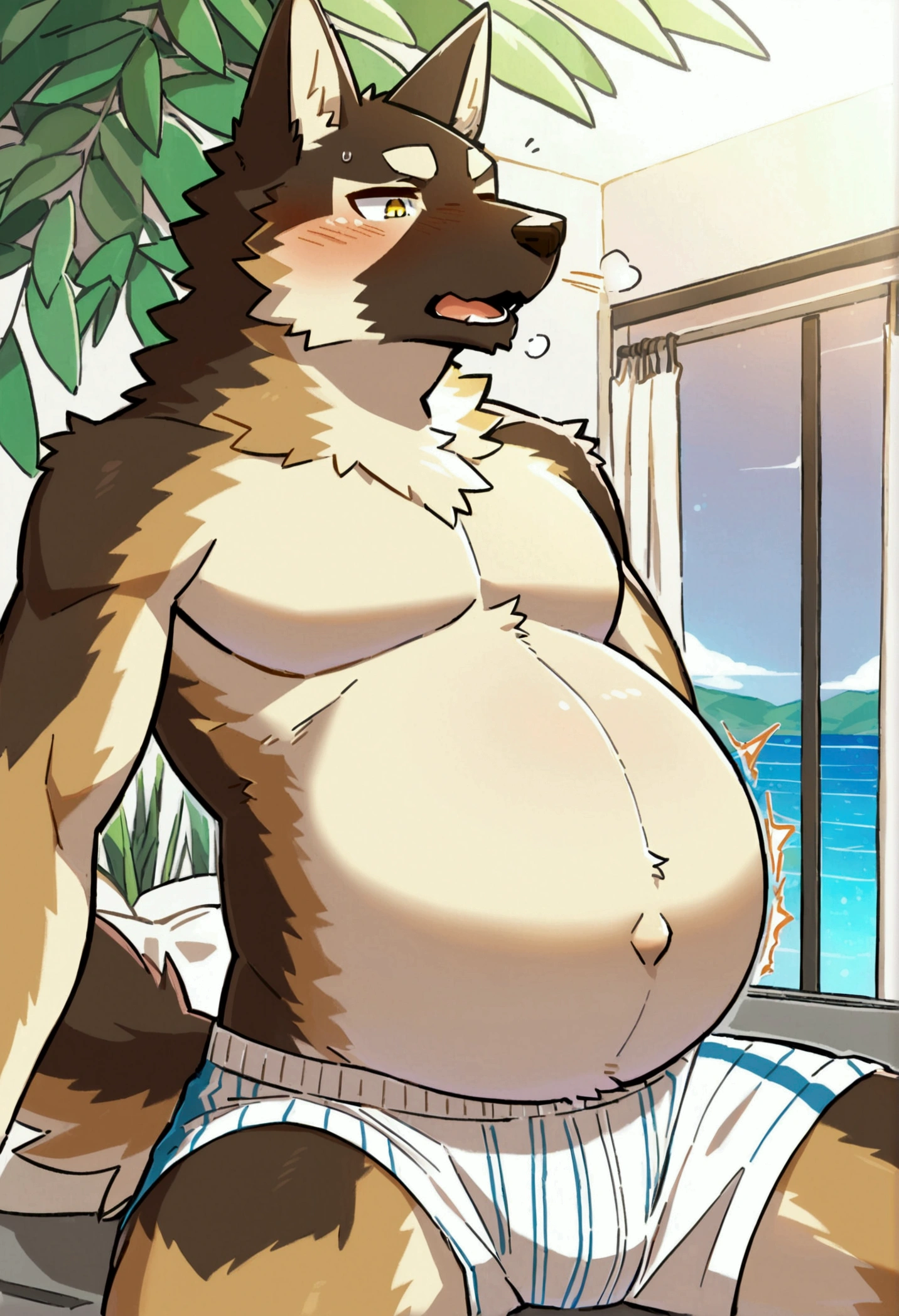 top quality, best quality, by yamame513, High-quality illustrations, masterpiece)(kemono, furry anthro), round, 1 male, mix of husky and german shepherd, model body, brown fur, fluffy, tail, perfect eyes, yellow eyes, island boxers, body movement, body twitching, pregnant, nervous, trying to calm down, pain, breath, strong contractions, eyes closed, spread legs, labor struggle,