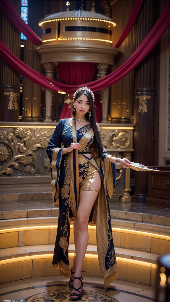 1 girl, beautiful detailed eyes, beautiful detailed lips, extremely detailed face, longeyelashes, elegant hairstyle, delicate skin, serene expression, ethereal, ornate dress, gold jewelry, intricate background, (best quality,4k,8k,highres,masterpiece:1.2),ultra-detailed,(realistic,photorealistic,photo-realistic:1.37),portrait,vibrant colors,dramatic lighting