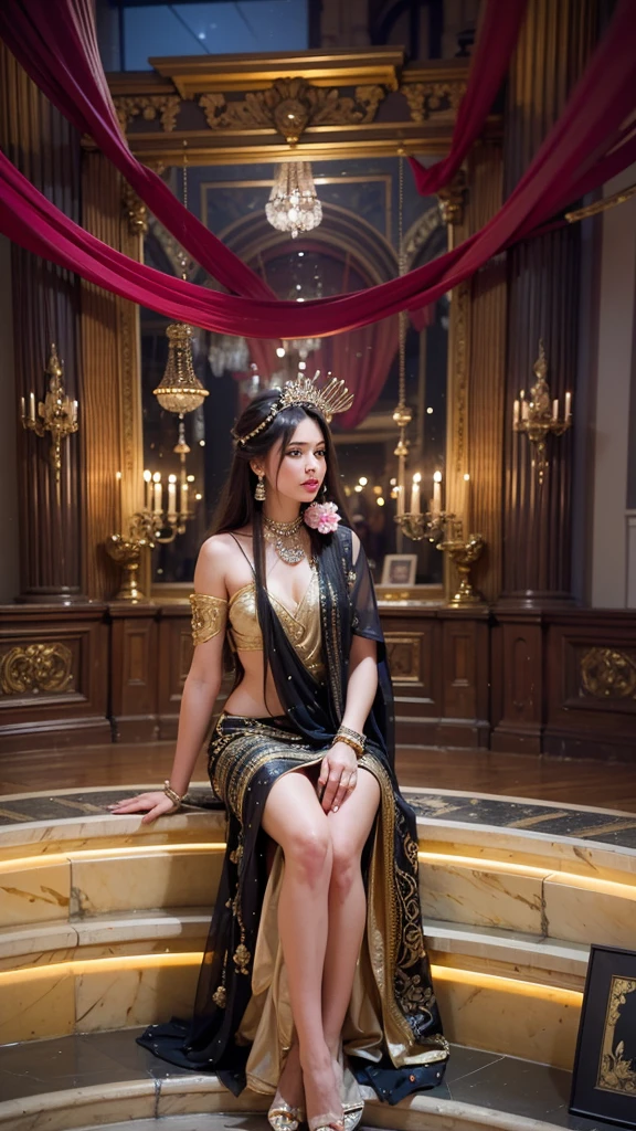 1 girl, beautiful detailed eyes, beautiful detailed lips, extremely detailed face, longeyelashes, elegant hairstyle, delicate skin, serene expression, ethereal, ornate dress, gold jewelry, intricate background, (best quality,4k,8k,highres,masterpiece:1.2),ultra-detailed,(realistic,photorealistic,photo-realistic:1.37),portrait,vibrant colors,dramatic lighting