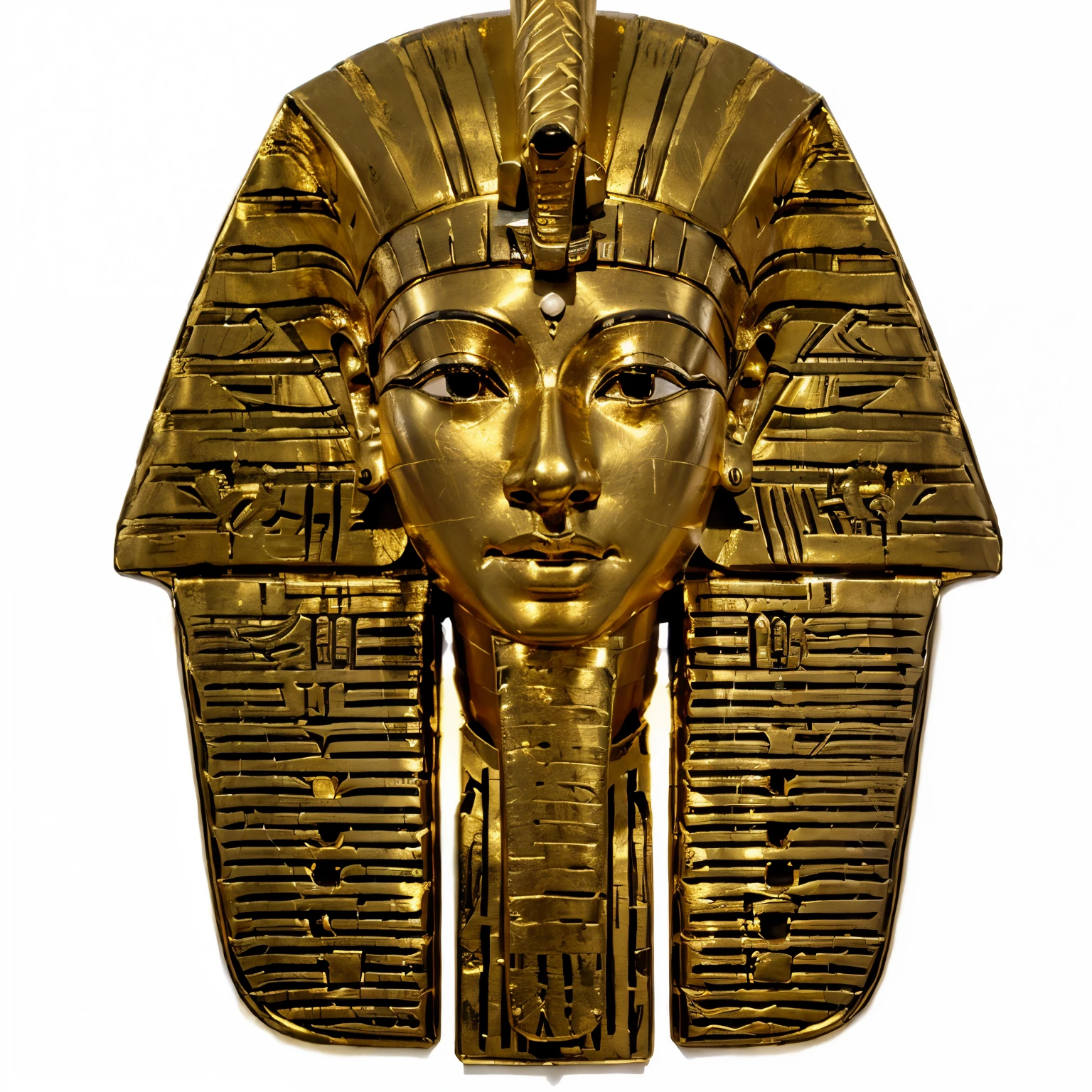 a close up of a gold egyptian mask on a black background, pharaoh, egypt god, egyptian mummy king, egyptian, egyptian god, egypt themed art, pharoah, the egyptian god, ancient egyptian, egyptian iconography, egyptian symbolism, mummy portrait, ancient egypt, egypt, hieroglyph, egyptian style, wind egyptian god, ancient egypt art, pharaoh clothes