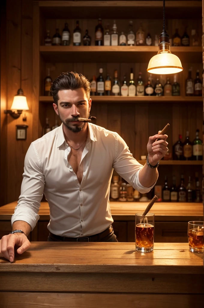 ((best quality)), (detailed),((realistic)),((bottomless))
a lit cigar, and a little behind the lit cigar is an empty whiskey glass on the wooden bar counter.