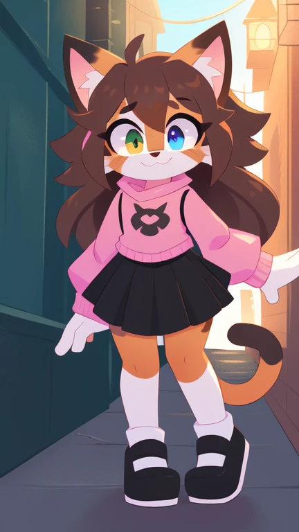 by Kilinah, by Coffeesoda, by Hioshiru, by Kilinah, uploaded E621, beautiful and detailed portrait of a woman (((female))) anthro cat, lighting Zenematic, seductive, bl, cat, thighighs, big chest, full body, beautiful, messy hair, brown hair, white eyes, thicc, solo, standing, long hair, 2-tone hair ((orange | black)), cat ears, Totora, Totora, Thighighs, Calico cat, Heterochromia ((green | blue)), pink crop top with long sleeves, black skirt, dark alley, bent over,furry,