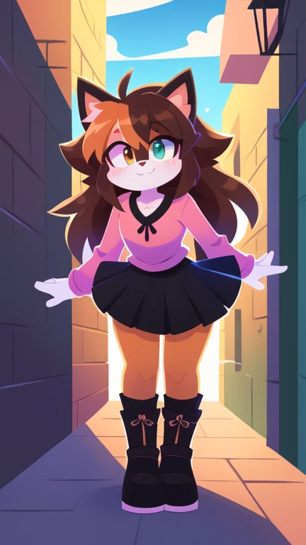 by Kilinah, by Coffeesoda, by Hioshiru, by Kilinah, uploaded E621, beautiful and detailed portrait of a woman (((female))) anthro cat, lighting Zenematic, seductive, bl, cat, thighighs, big chest, full body, beautiful, messy hair, brown hair, white eyes, thicc, solo, standing, long hair, 2-tone hair ((orange | black)), cat ears, Totora, Totora, Thighighs, Calico cat, Heterochromia ((green | blue)), pink crop top with long sleeves, black skirt, dark alley, bent over,furry,