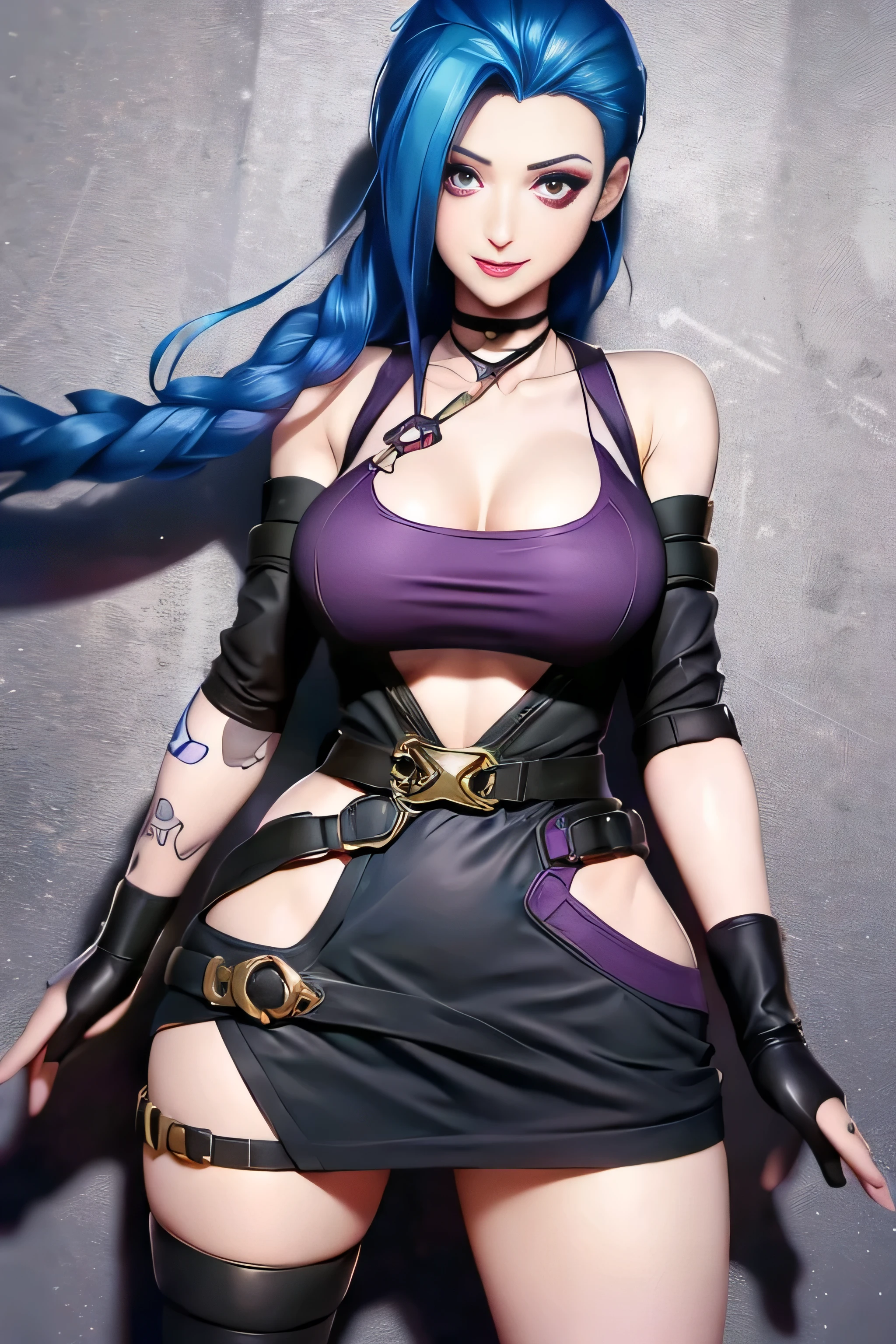 jinx,(shift dresses:1.3) large breast, big cleavages, big waist, thick legs 