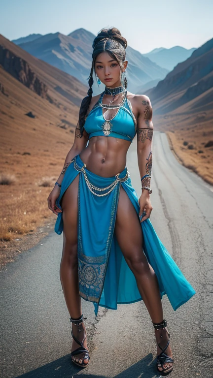 A high resolution, extremely detailed, realistic photo with an Indian woman, Ebony woman with long legs and a muscle figure, hairstyle wild braids, the clothing is a mix of cyberpunk and african style, Ebony woman in a full body pose, dancing and looking at the camera, the clothes are swinging of the air, The background of the picture is at night in the steppe with mountains in the background, clothing maxi dress, clothing maxi skirt, clothing long maxi dress, large Tribal tattoos, clothing in red color, Jade Cargill face, hyper detailed face with beautiful eyes and full lips