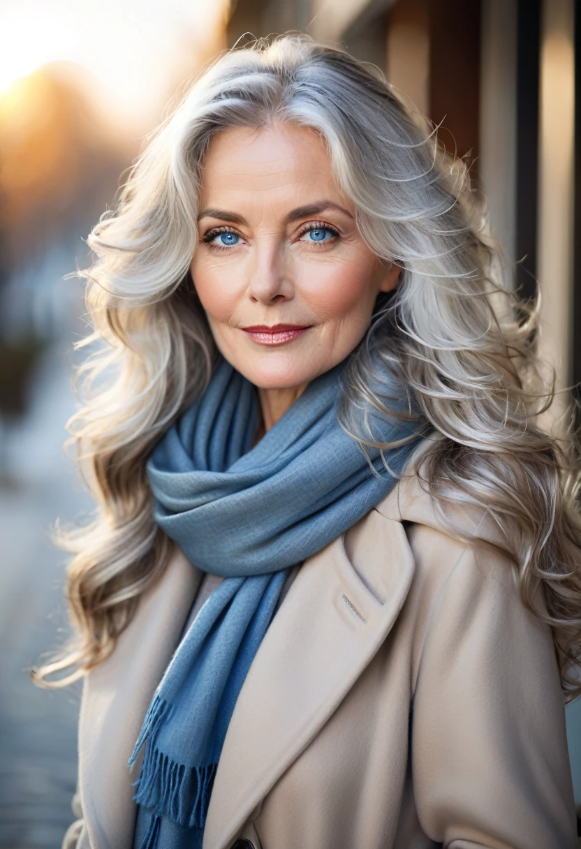 Create a portrait of an elegant middle-aged woman with long, wavy silver hair and bright blue eyes. She has a warm and serene expression, with natural makeup highlighting her features. She is dressed in a cozy, stylish outfit, including a scarf and a coat, suggesting a cool weather setting. The background is softly blurred, focusing attention on her face and hair.