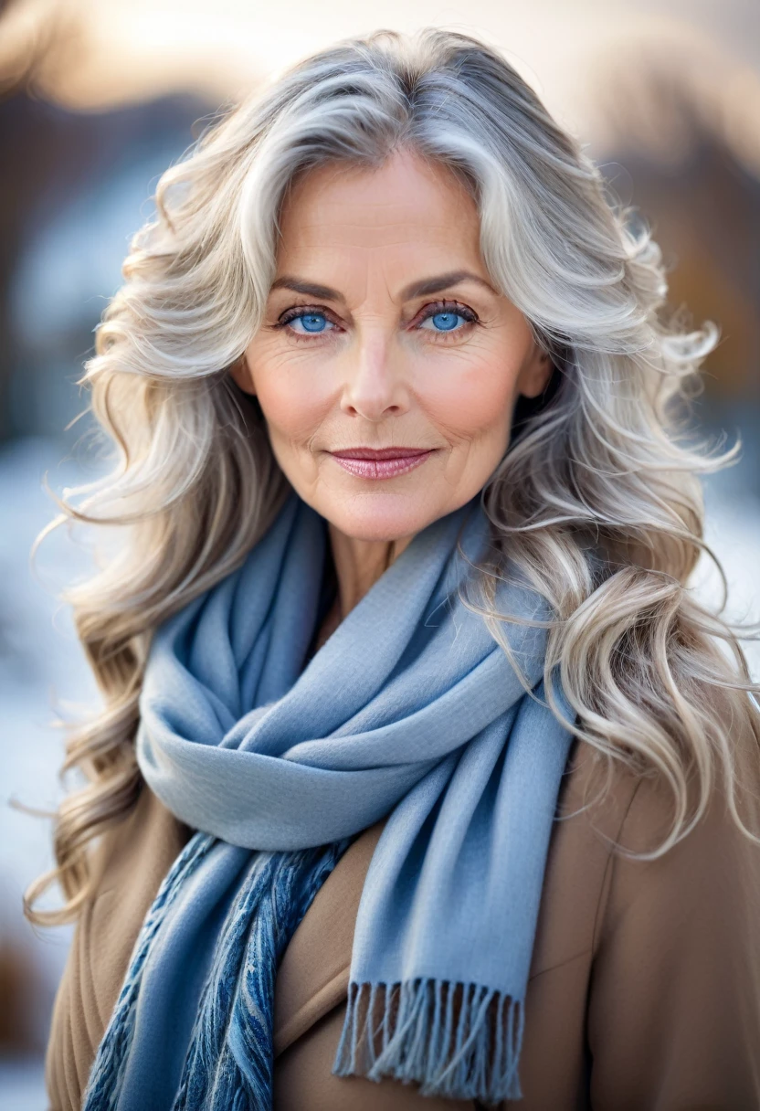 Create a portrait of an elegant middle-aged woman with long, wavy silver hair and bright blue eyes. She has a warm and serene expression, with natural makeup highlighting her features. She is dressed in a cozy, stylish outfit, including a scarf and a coat, suggesting a cool weather setting. The background is softly blurred, focusing attention on her face and hair.