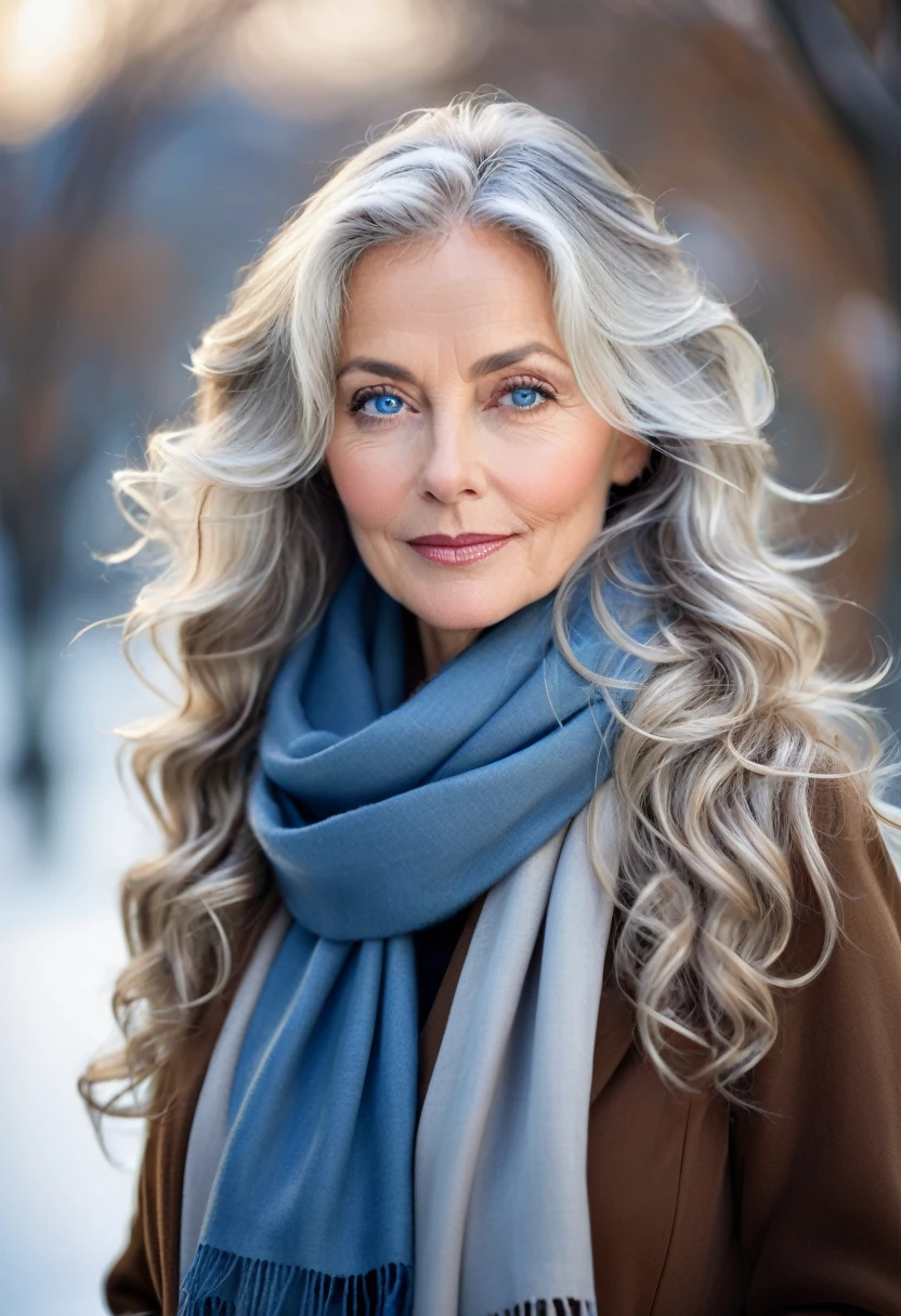 Create a portrait of an elegant middle-aged woman with long, wavy silver hair and bright blue eyes. She has a warm and serene expression, with natural makeup highlighting her features. She is dressed in a cozy, stylish outfit, including a scarf and a coat, suggesting a cool weather setting. The background is softly blurred, focusing attention on her face and hair.