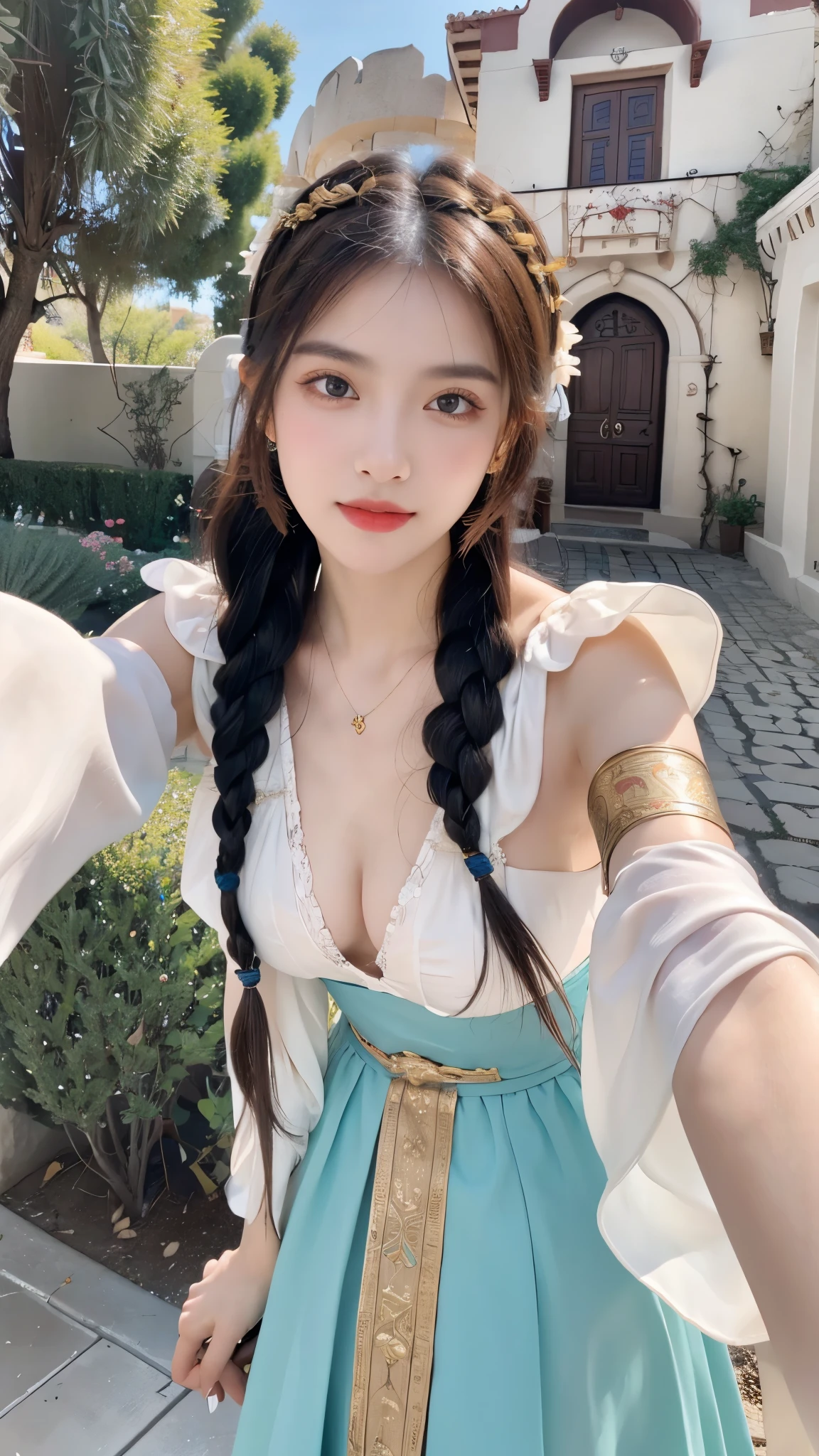 masterpiece, The best quality, Ultra-high resolution, High detail photo, Unity 8K Wallpaper, Extremely detailed CG:1.2), depth of field, bokeh, (RAW photo:1.realistic photography:1.4), (1girl:1.5), young, physically based representation, beautiful, (Finely detailed face:1.4, detailed clothing), (detailed:1.4) named (Eimi Fukada:1.1) BREAK Cara hermosa, depth of field, Add layer, hyperrealistic, 27 years old, perfect body model, perfect breasts, 175cm tall, pose sexy, full body, Whole body, Model Body Type, BREAK (extreme skin details:1.1), skin details, (priestess clothes, priestess:1.3), double eyelid BREAK smilling, seductive pose, standing, selfie photo, standing outside, Santorini house, outdoor, Mediterranean style, (castle:1.3), (selfie:1.5), feathers, floating feathers, french braids,