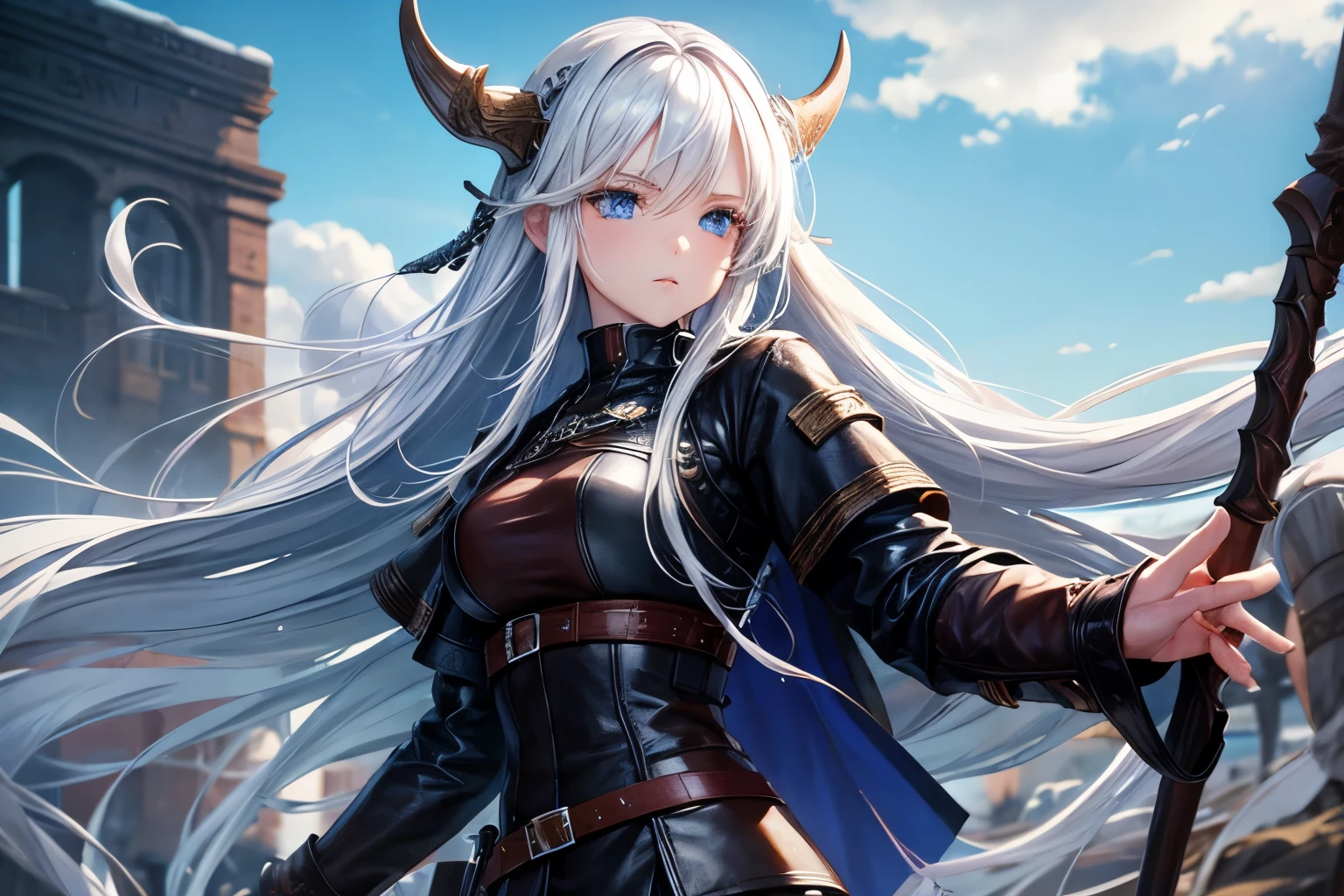 1 girl, beautiful, long white hair, Vikings, blue eyes, leather clothes.
