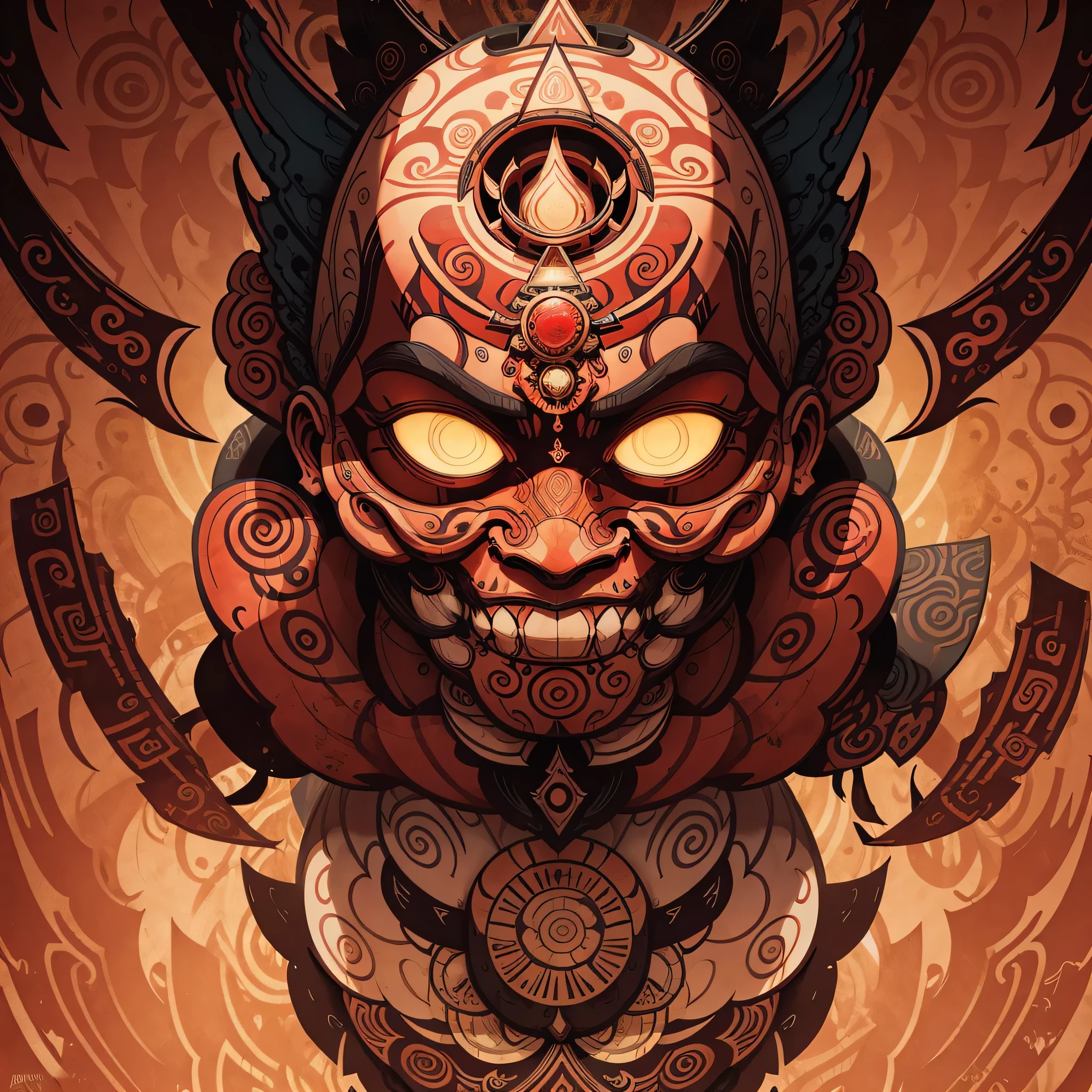 explosive, supernatural painting of a shape-shifting deity, adorned with chaotic and omnipresent Mayan motifs, piercing eyes, a breathtaking amalgam of art and captivating photo collage, Mesmerizing poster design:: its appearance exuded the enigmatic allure of ancient Mayan minimalism fused with cosmic chaos:: --ar 9:16 --s 963 --c 9 --q 2 --v 5