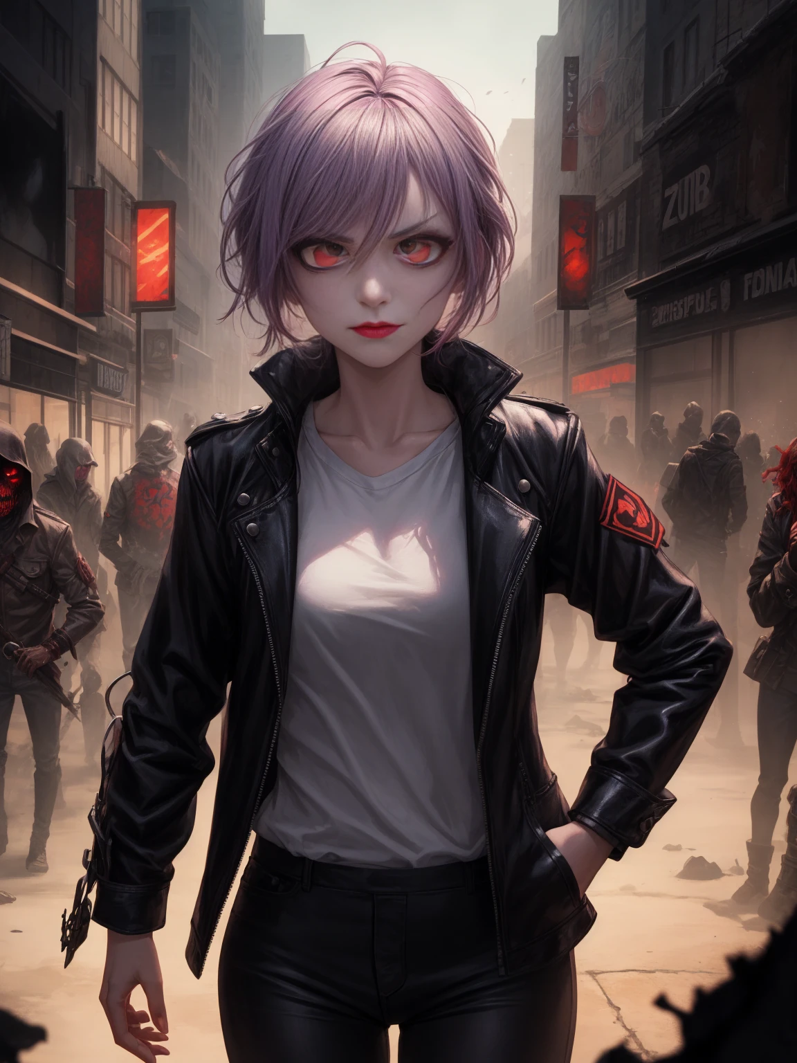 In the eerie glow of a neon-lit cityscape, a terror unfolds as the dead rise with a sinister twist. Our protagonist, a defiant survivor with light purple hair and a smug expression, navigates this post-apocalyptic landscape. Red lipstick contrasts sharply against her determined face, and stickers from a bygone era adorn her leather jacket.The once vibrant American comic book style comes to life as black edges frame each chilling scene. The undead, with their grotesque yet strangely captivating appearance, are reminiscent of graphic novel illustrations. As the survivor battles hordes of zombies, a sense of impending doom looms.Amidst the chaos, clues emerge in the form of cryptic stickers that hint at the origin of this supernatural plague. The smug-faced hero uncovers a dark conspiracy that binds the living and the undead. In a race against time, she must decipher the stickers' secrets before the world succumbs to the ghastly fate that awaits. Brace yourself for a spine-tingling journe
