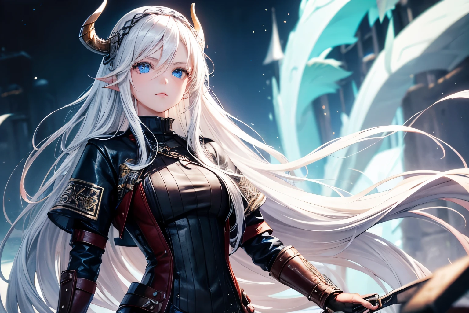 1 girl, beautiful, long white hair, Vikings, blue eyes, leather clothes.