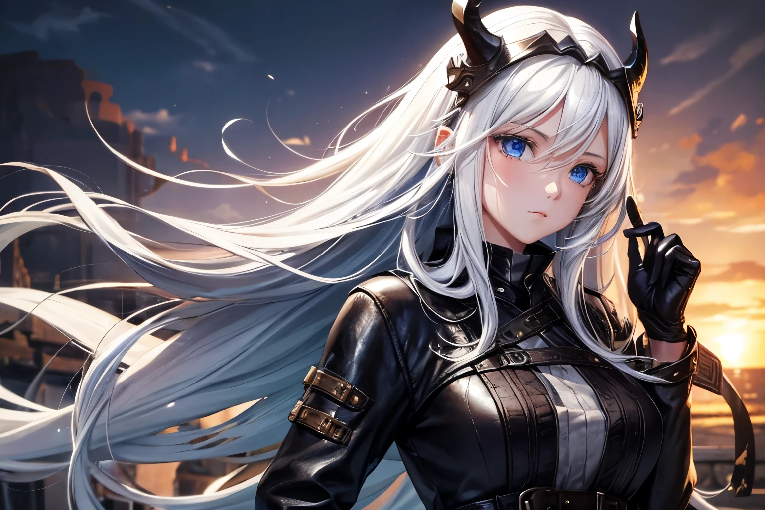 1 girl, beautiful, long white hair, Vikings, blue eyes, leather clothes.