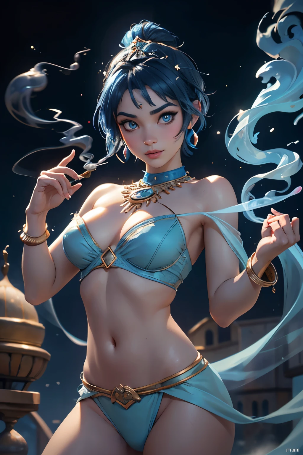 realistic, analog photo, Masterpiece, RAW photo, full-length portrait, photorealistic, (detailed cute face), genie, (folkloric Arabic creature), (in "Aladdin" style), (beautiful female), short blue hair, blue skin, detailed Arabic village on background, (ghost blue smoke body), smoke particles, halo, (bioluminescent:0.95), vivid colors, vibrant color details, dynamic, Intensed eyes, sexy, pleasure, smoke splash, wishmaster, depth of field, 35mm, film grain, raw photo, isometric, extremely detailed