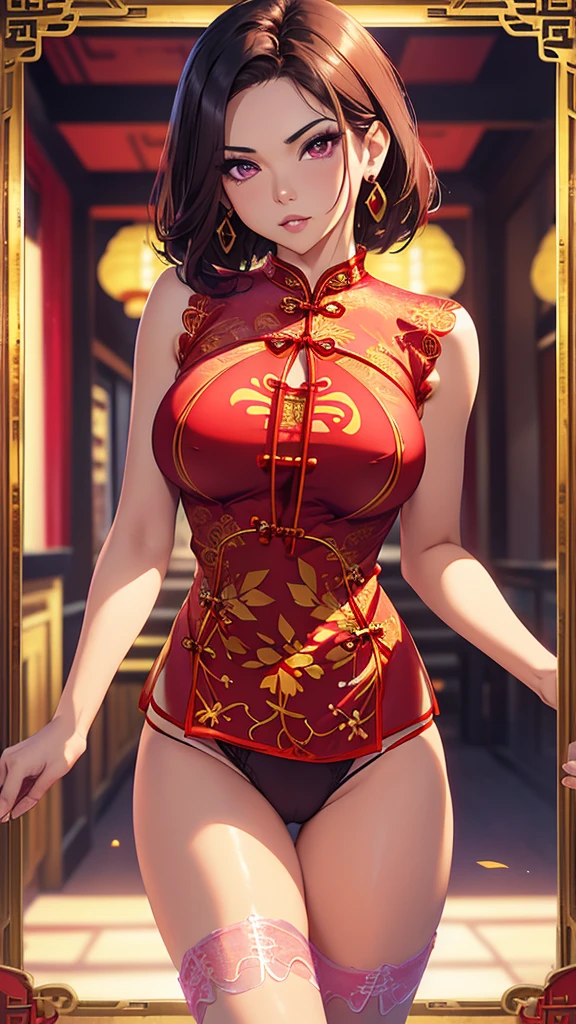 Latina Adult model Daisy Marie, Highest quality、highest quality、Highest Resolution、beautiful girl, Bright brunette hair,Short Hair、Big Breasts、Hair clip, Detailed purple eyes, ((Red cheongsam like underwear:1.4)),Firm breasts,Gold Necklace、Golden earrings、In close range