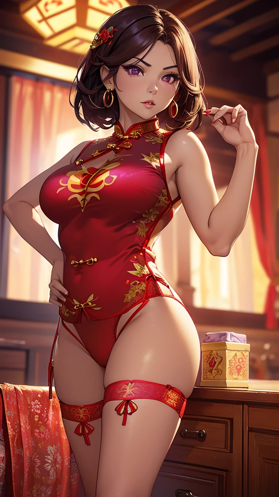 Latina Adult model Daisy Marie, Highest quality、highest quality、Highest Resolution、beautiful girl, Bright brunette hair,Short Hair、Big Breasts、Hair clip, Detailed purple eyes, ((Red cheongsam like underwear:1.4)),Firm breasts,Gold Necklace、Golden earrings、In close range