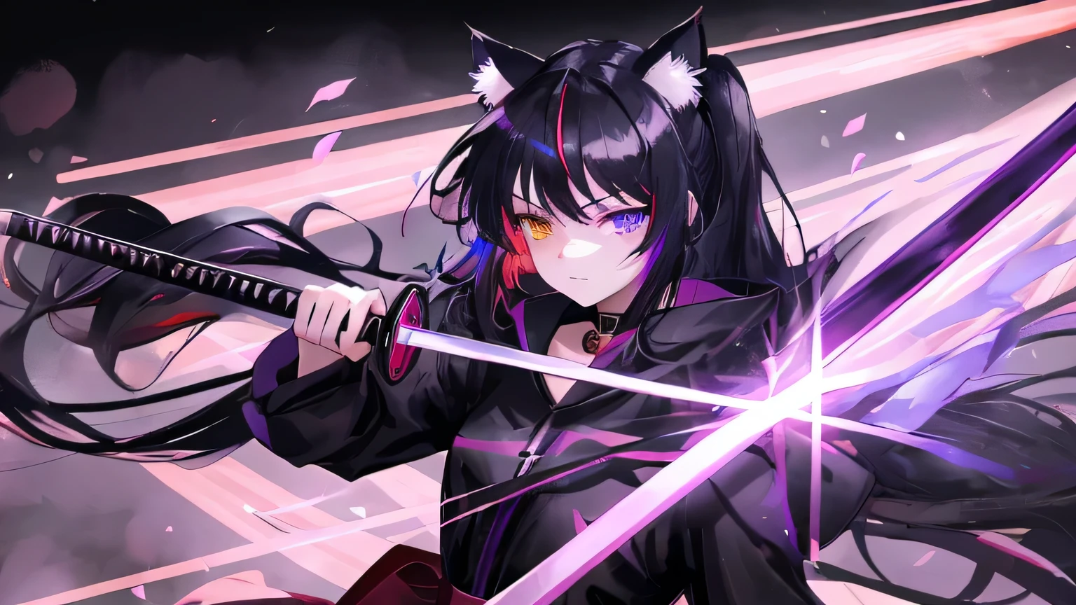 1 girl, equipment long katana, 18 years old, cat ears, ears, gradient hair, purple stands, strong red aura, eyes, high-quality eyes, heterochromia, closed mouth, black dress, skinny, pale skin, black hair color, sakura background, blank stare