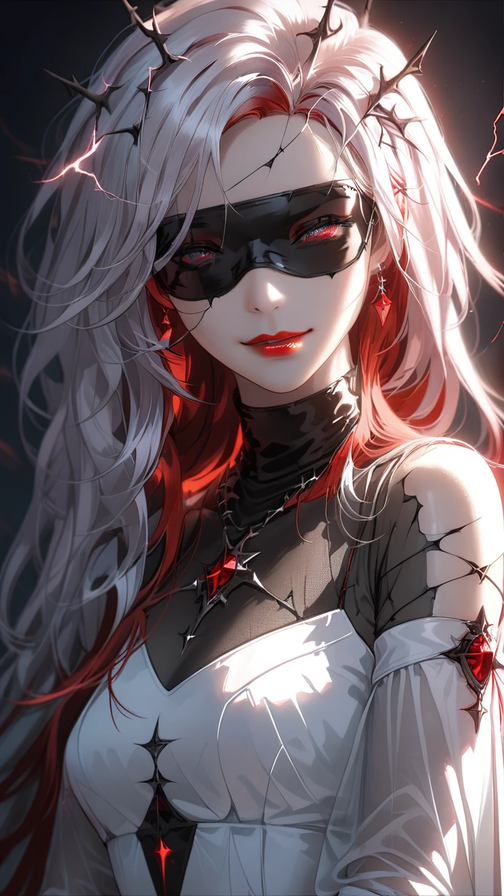 1girl, (blindfold), split-color hair:1.3, long hair, red lips,
evil smile , white dress, see-through sleeve, pale skin, crown of thorns , dramatic lighting, soft shadow, masterpiece, best quality, safe, SFW, very aesthetic, recent, absurdres, highres, lightning, glowing,