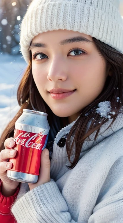(masterpiece:1.35),(best-quality:1.4),8k,ultra-detailed,photography,(ultra-realistic:1.4),adult girl,long hair,sweater,snowing background,holding energy drink, coca cola brand,beautiful detailed eyes,beautiful detailed lips,extremely detailed face and eyes,longeyelashes,winter,snow,cozy,warm,smiling,calm,natural lighting,soft colors,glowing skin,intricate details