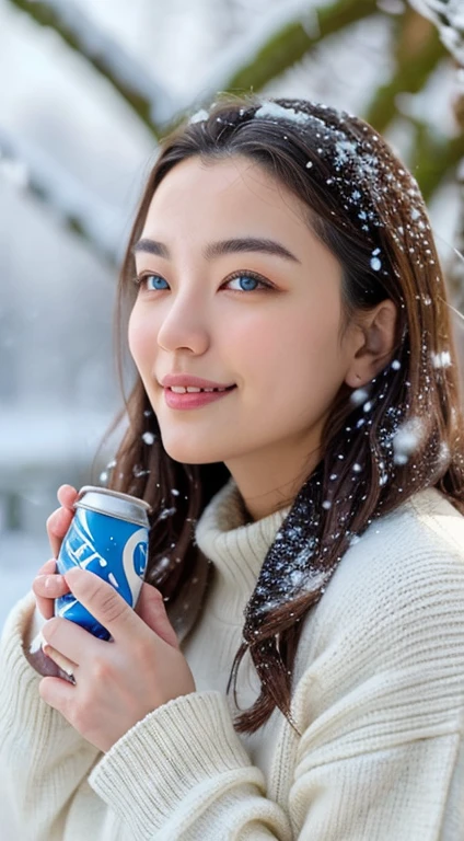 (masterpiece:1.35),(best-quality:1.4),8k,ultra-detailed,photography,(ultra-realistic:1.4),adult girl,long hair,sweater,snowing background,holding energy drink, coca cola brand,beautiful detailed eyes,beautiful detailed lips,extremely detailed face and eyes,longeyelashes,winter,snow,cozy,warm,smiling,calm,natural lighting,soft colors,glowing skin,intricate details