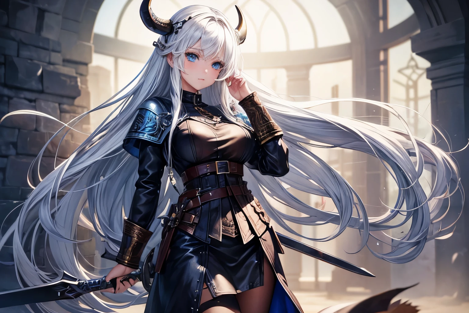 1 girl, beautiful, long white hair, Vikings, blue eyes, leather clothes.