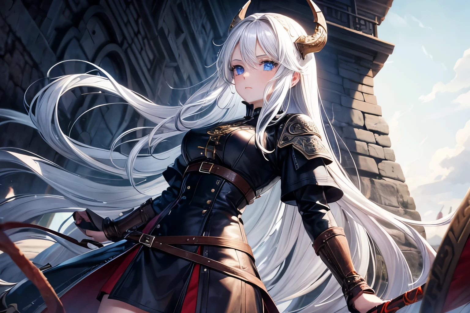 1 girl, beautiful, long white hair, Vikings, blue eyes, leather clothes.