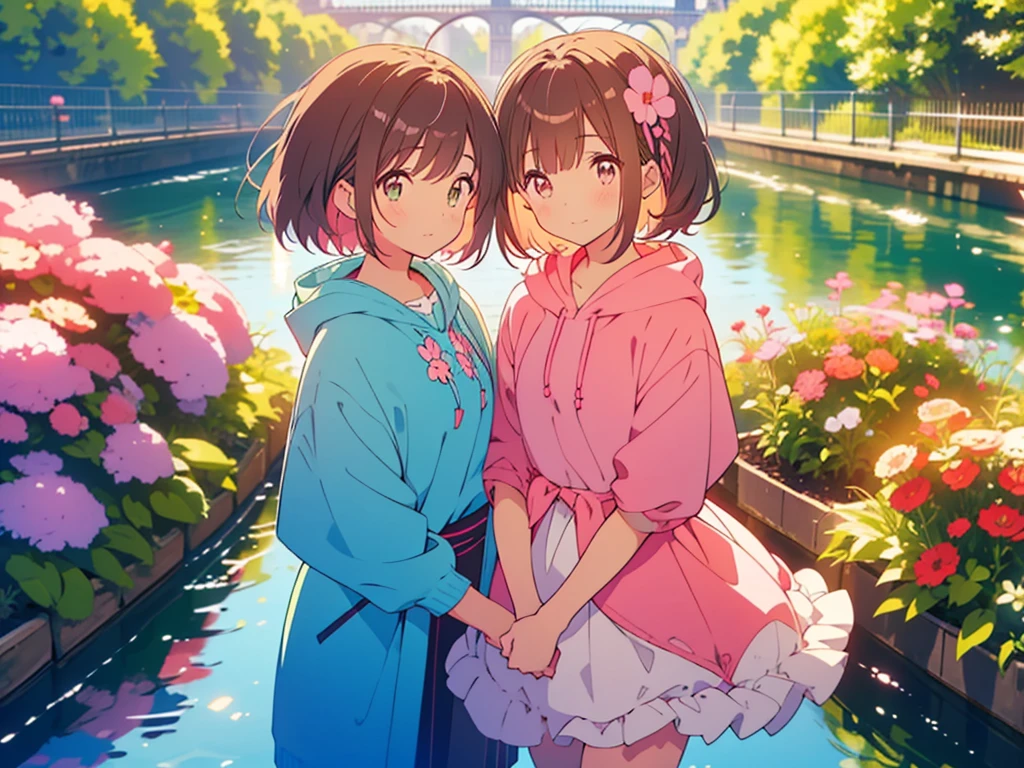 kawaii, anime, Cute, hyper quality, highly detailed, 8k, Clarity, Draw facial expressions in detail, A young girl with a light pink short bob and scarlet eyes., Girl with long dark brown hair and green eyes, back to back, shout, Height difference, London's waterway towns, upper body, highlight on eyes, sunny, Landscape, dianthus flower, Dianthus flower garden, Dianthus flowers grow thick, hoodie, pink dianthus,