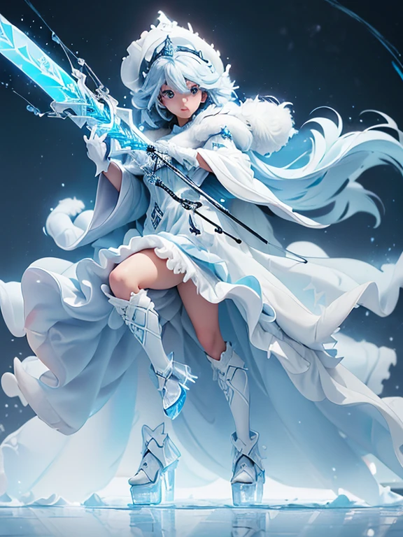 (((masterpiece, best quality, 8k))) Design a layout showcase Gaming character, (1girl),((perfect face, high detailed face)). Blue+White clothes, icy and pristine, ((showcase weapon:1.4)), ice staff, (masterpiece:1.2), (best quality), 4k, ultra-detailed, (Step by step design, layout art:1.5), (frosty lighting, chilling atmosphere), ice mage, ((fur gloves)), (((revealing gown:1.3))), ice vambraces, fur-trimmed boots, (((full_body_shot:1.4)))