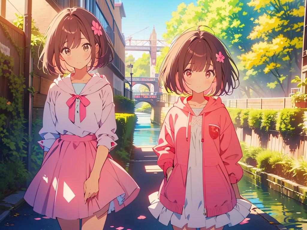kawaii, anime, Cute, hyper quality, highly detailed, 8k, Clarity, Draw facial expressions in detail, A young girl with a light pink short bob and scarlet eyes., Girl with long dark brown hair and green eyes, back to back, shout, Height difference, London's waterway towns, upper body, highlight on eyes, sunny, Landscape, dianthus flower, Dianthus flower garden, Dianthus flowers grow thick, hoodie, pink dianthus,