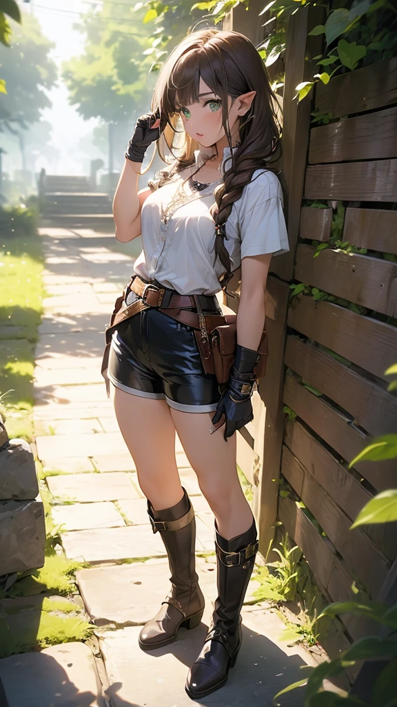 ((best qualityer, 8k, work of art:1.3)), focusing:1.2, Perfect Body Beauty:1.4, buttocks:1.2, (( breastsout:1.1)), green eyes, brown hair color, Longhaire, long  hair, a gray stripe on a margin, elf ear, Elven Clothing,simple short sleeve blouse, white blouse, simple brown gloves, shorts marrons medievais, two belts with one buckle, braided boot with a buckle, boots a little below the knees, warrior, magician, jewelry, lips, focusing apenas, glaze, realisitic, she is[standing, standing, with one hand on his back and the other hand holding a short sword, all white background landscape.