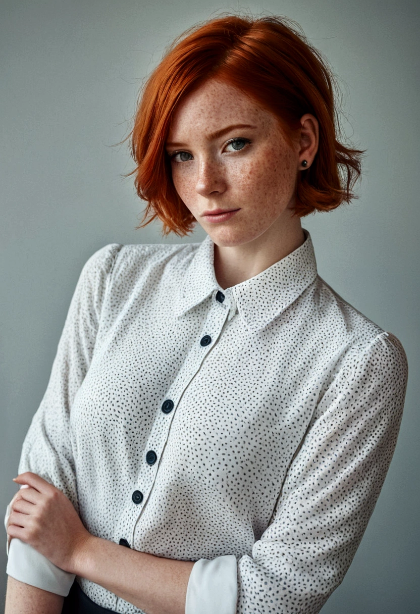 Girl , Red-Haired , freckles , shy short hair , very large breasts , wears a blouse, Blouse buttoned up to the top, visible buttons on the blouse, adult ,Sleeve style suit