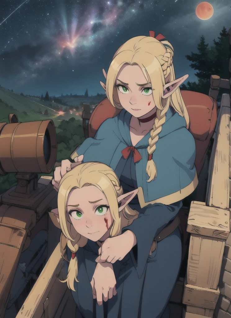 ((best quality)), ((highly detailed)), masterpiece, detailed face, beautiful face, , (1girl), dynamic angle, riding, bicycle, Marcille_Donato_DungeonMeshi, blonde hair, long hair, twin braids, elf, pointy ears, green eyes, red choker, blue capelet, robe, sandals, holding staff, (outdoors, at a stairway, night, night sky, stars, blood moon, telescope, hurricane)