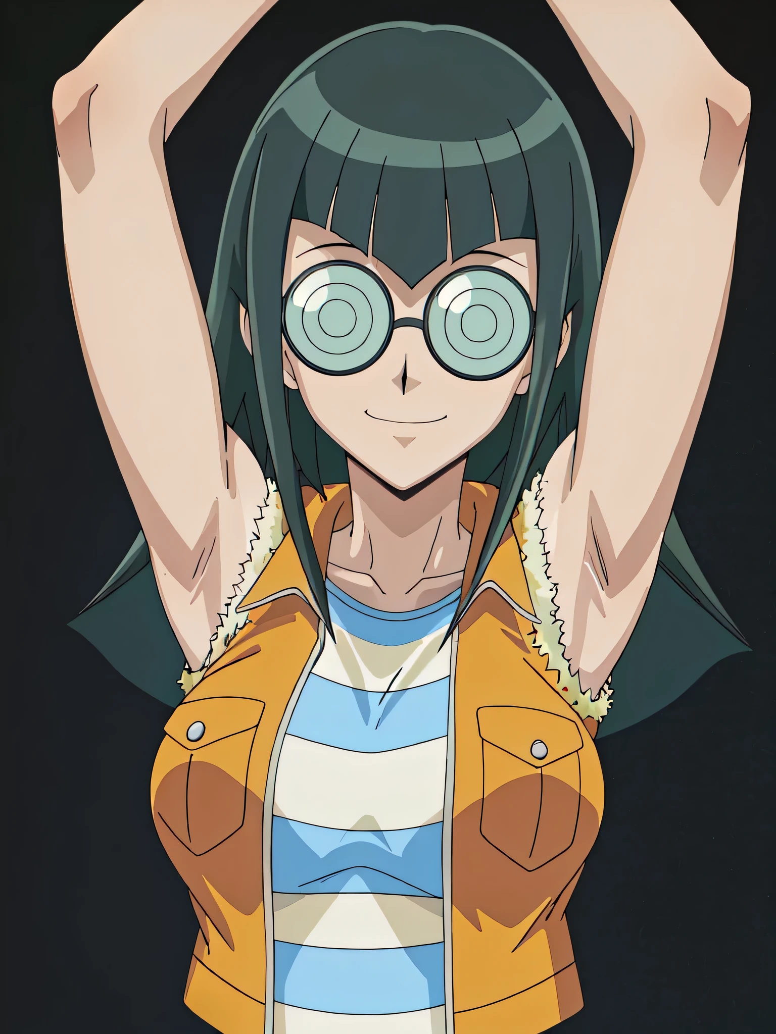 CC, glasses, vest, striped shirt, sleeveless shirt, sleeveless, bare shoulders, bare arms, 1girl, solo, anime screencap, frontlighting, (simple background, black background, dark background:1.3), masterpiece, absurdres, hdr, soft light, best quality, detailed, highres, shiny skin, shiny hair, looking at viewer, smile, smug, (closed mouth:1.2), arms up, raised arms, armpits, in the center, symmetrical, upright,