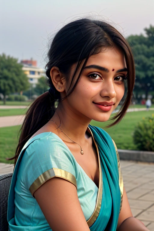 ((best quality)), ((masterpiece)), (detailed), Beautiful 24 years old indian girl in sliky cyan color saree. Close up photo to viewer, cinematic:1.3, realism, beautiful lip, beautiful-cute brown eyes, beautiful thin wavy medium french styling brown hair, attractive neck, fair Chocolaty skin, beautiful strong cheekbones, medium height, skinny thin body shape, kind face, confident pose in the outside of park sitting on chair at afternoon sunrise, smiling: 0.8, ponytail:0.5, deep shadow.