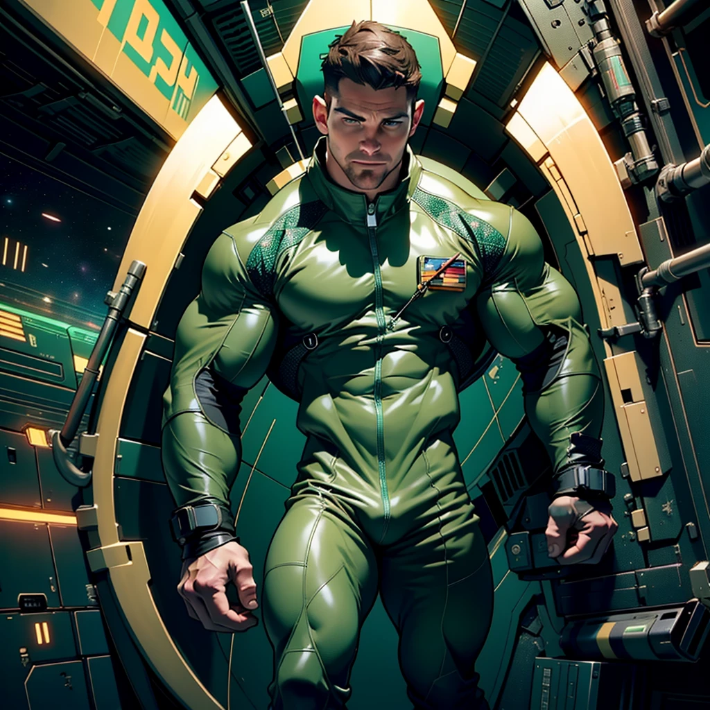 32k,masterpiece, best quality, detailed face, natural eyes,1man, solo mature man, muscled and mature, stephen amell as an astronaut wearing future space suit, dark green suit, showing muscles and bulge ,floating in the space inside a space shuttle , with "arrow" text and logo on his suit ,  full body, intricate Detailed background 