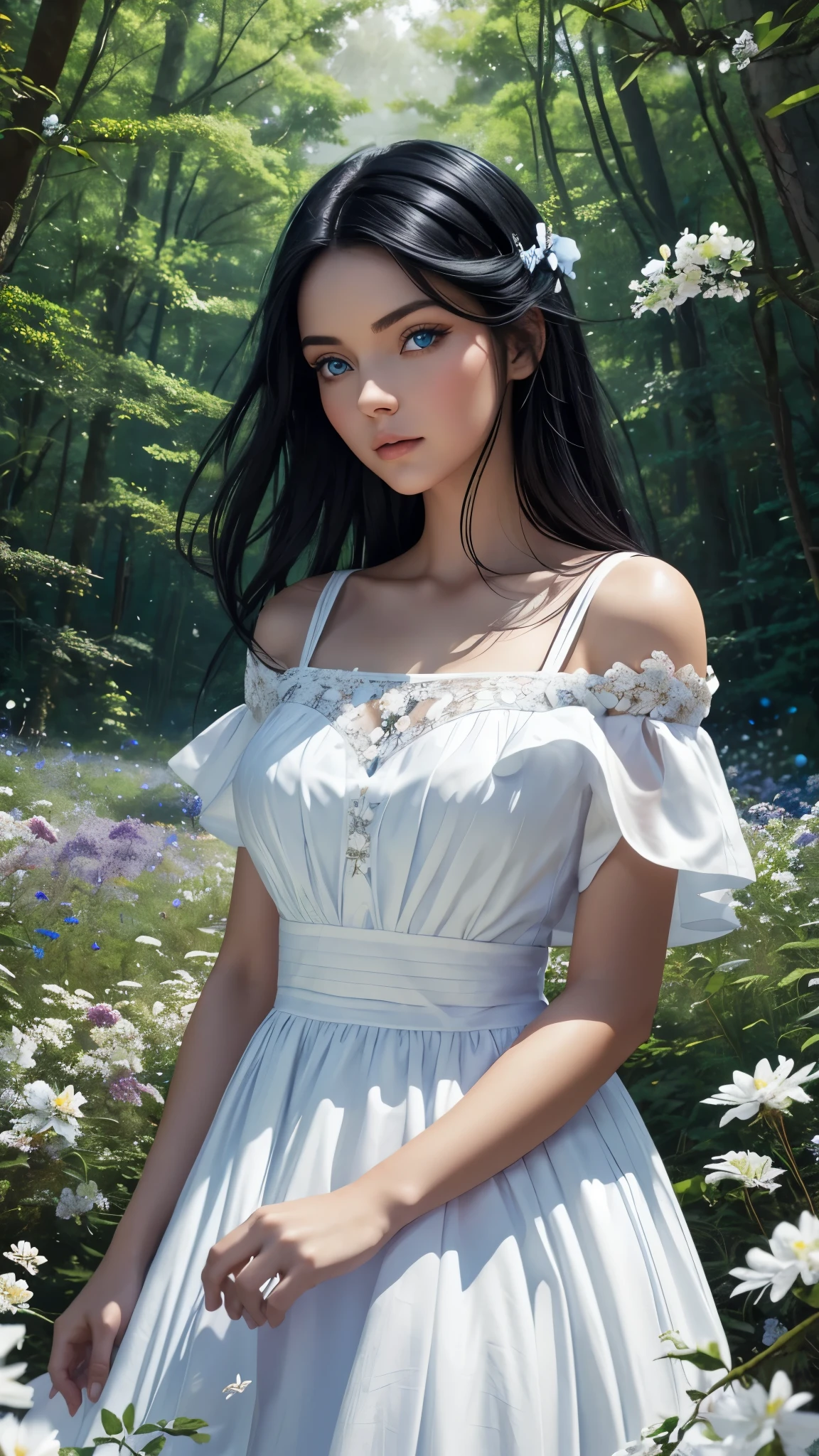 Beautiful black haired woman with blue eyes wearing white dress in a beautiful forest full of flowers 