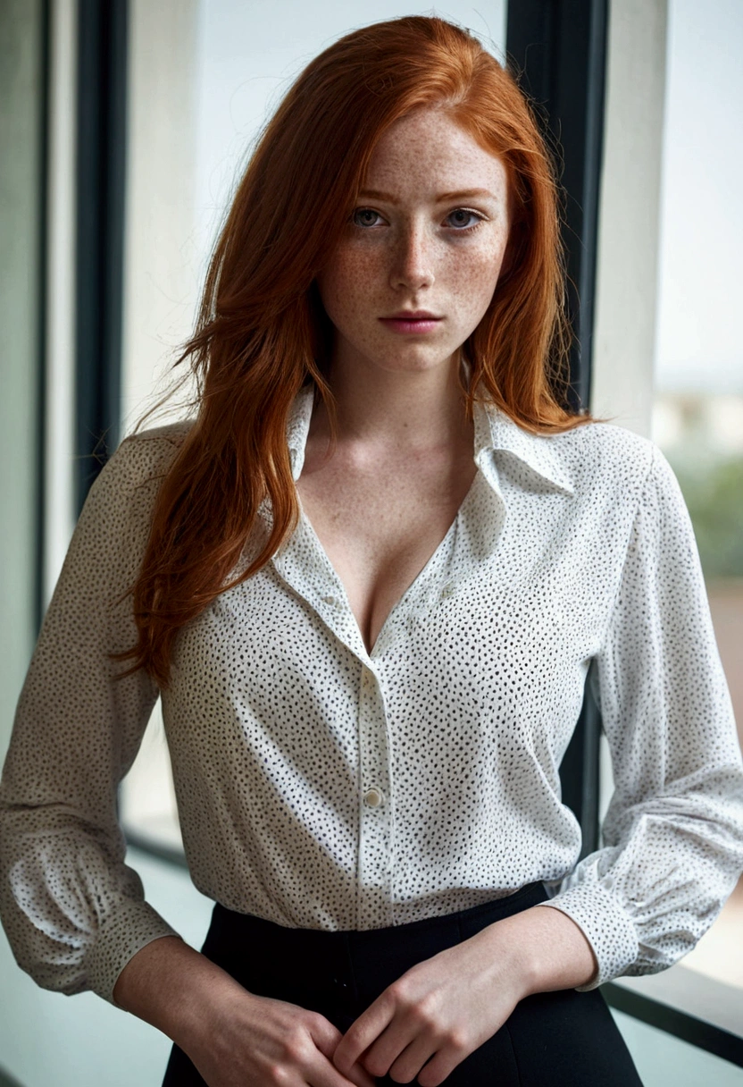 Girl , very long hair, Red-Haired , freckles , shy short hair , very large breasts , wears a blouse, Blouse buttoned up to the top, visible buttons on the blouse, adult ,Sleeve style suit