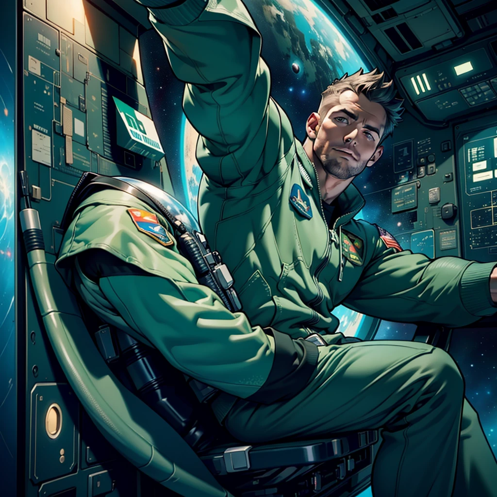 32k,masterpiece, best quality, detailed face, natural eyes,1man, solo mature man, muscled and mature, stephen amell as an astronaut wearing future space suit, dark green suit, showing muscles and bulge ,floating in the space inside a space shuttle , with "arrow" text and logo on his suit ,  full body, intricate Detailed background 