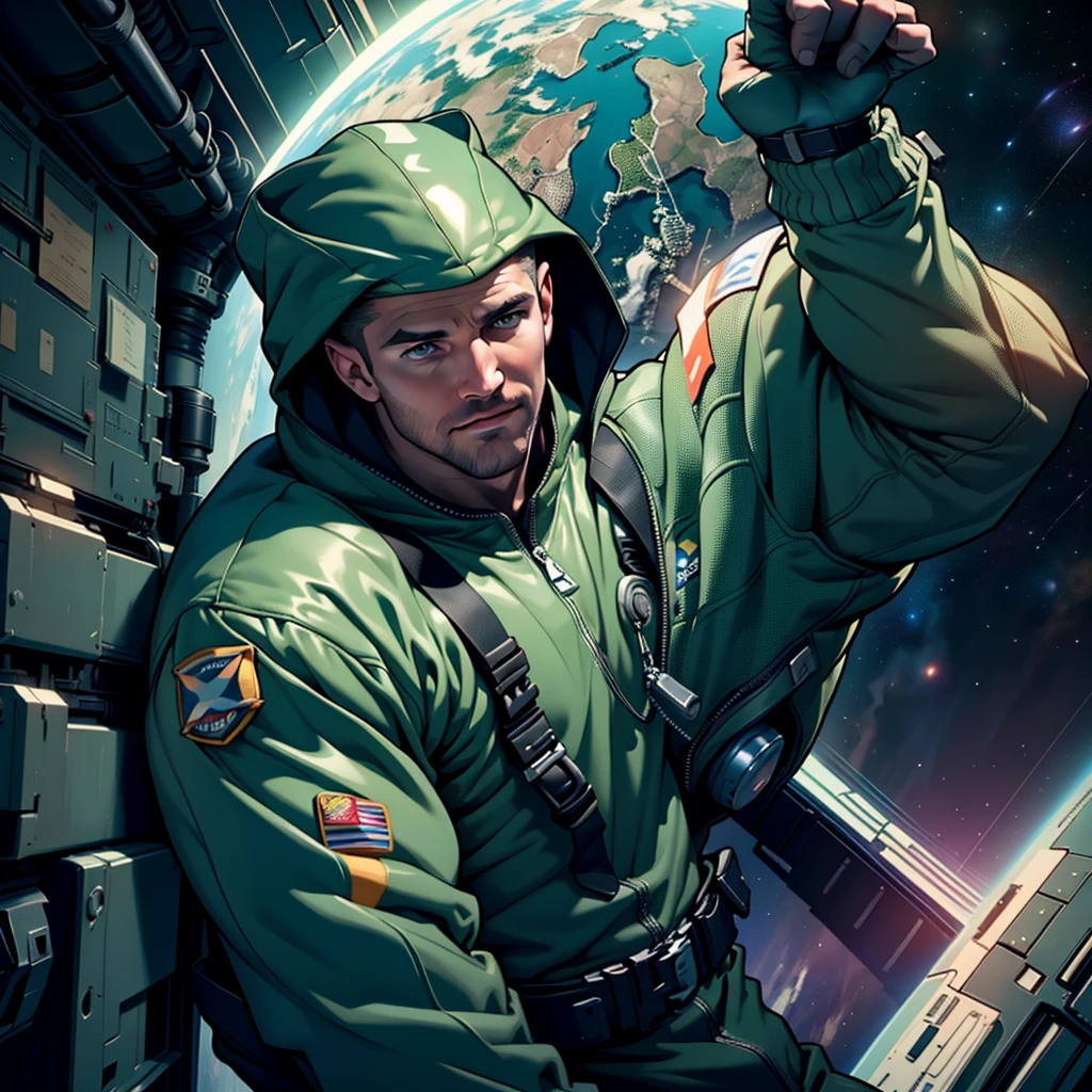 32k,masterpiece, best quality, detailed face, natural eyes,1man, solo mature man, muscled and mature, stephen amell as an astronaut wearing future space suit, dark green suit, showing muscles and bulge ,floating in the space inside a space shuttle , with "arrow" text and logo on his suit , full body, intricate Detailed background