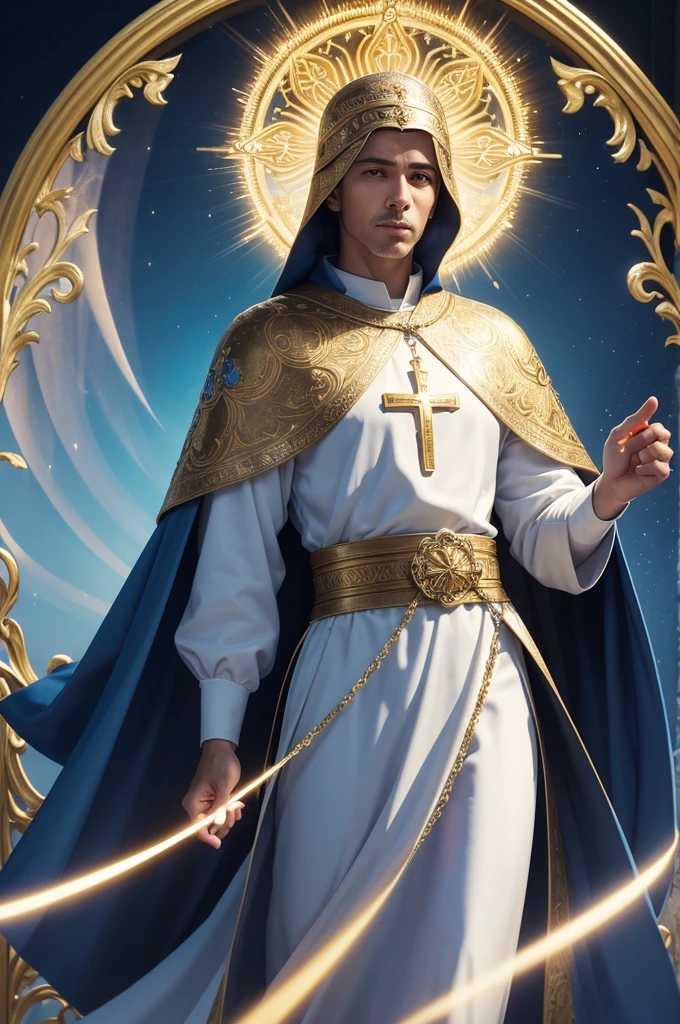 "Digital drawing of São Bento, a spiritual and faith saint, looking straight ahead. He holds a cross in his right hand, extended forward, in a gesture of blessing and protection. the background is ethereal, with soft tones of blue and gold, radiating an aura of holiness and peace. Saint Benedict is dressed in traditional monk&#39;s robes, including the black habit and hood, and a serene, compassionate expression on your face."