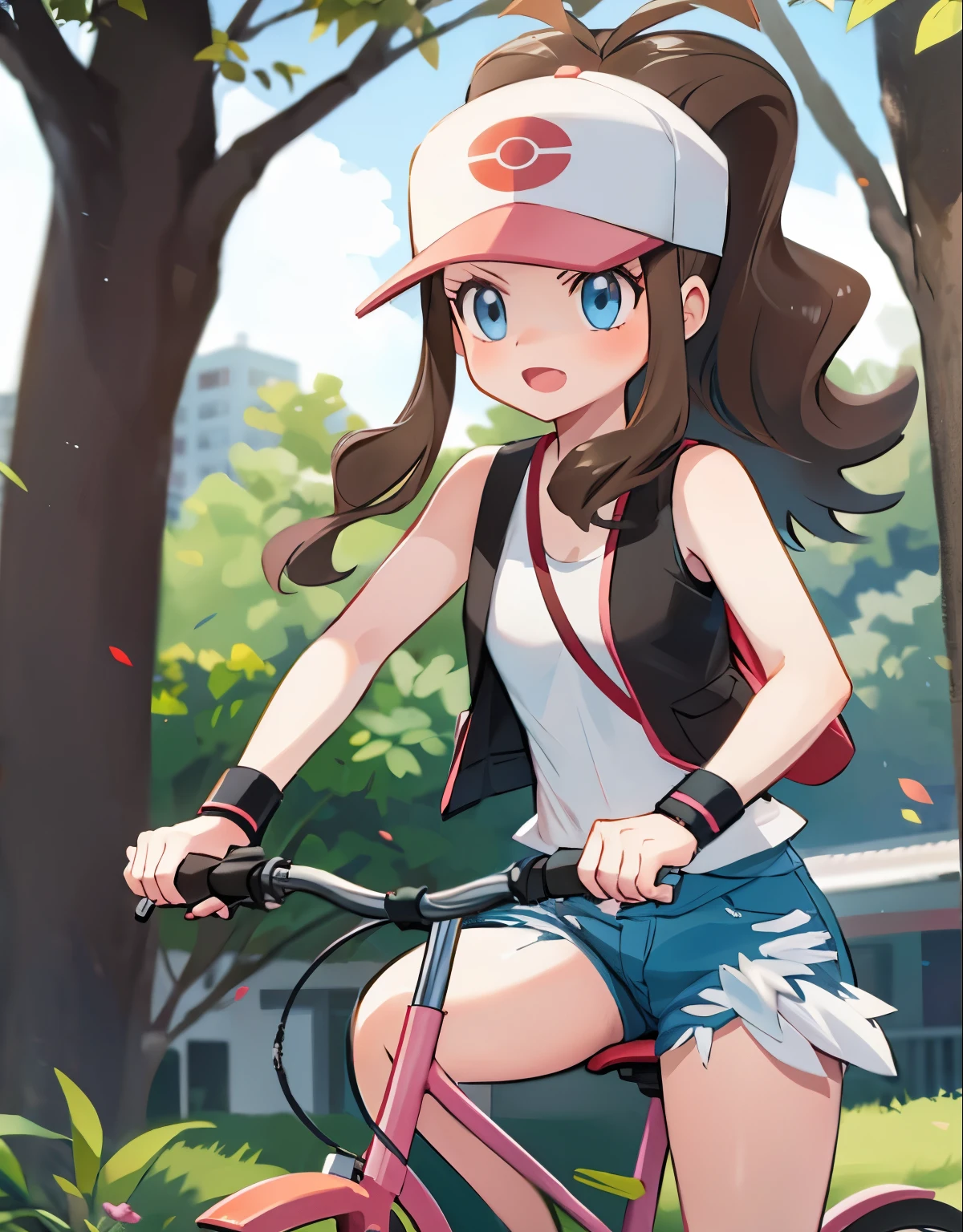a girl riding a bicycle at full speed,  trainerleaf1,  trainerleaf1, sleeveless shirt, black wristbands, visible thighs, thick thighs, red skirt,blue shirt, brown eyes, lookin at viewer