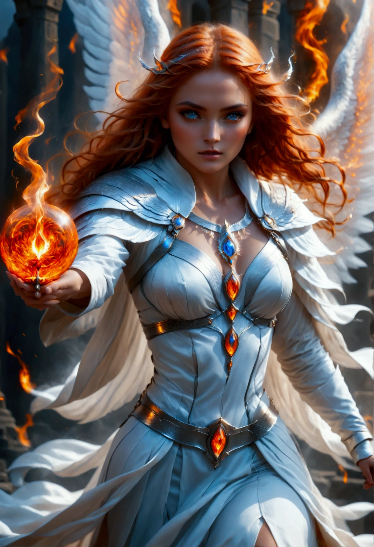 arafed high details, best quality, 16k, (ultra detailed: 1.5), masterpiece, best quality, (extremely detailed), dynamic angle, ultra wide shot, photorealistim, RAW, fantasy art, dnd art, fantasy art, realistic art, a wide angle picture of a female aasimar sorceress casting a fire spell, full body  (intense details, Masterpiece, best quality), D&D aasimar, exremley beautiful female aasimar, orange hair, long hair, wavy hair, dynamic eyes color, angelic eyes, radiant magical eyes, ultra detailed face (intense details, Masterpiece, best quality), spread angelic wings, white angelic wings (intense details, Masterpiece, best quality),  wearing [black] robe, wearing blue cloak, long cloak, flowing cloak with fire motifs (intense details, Masterpiece, best quality), armed with magical staff (intense details, Masterpiece, best quality), manipulating fire magical energy (intense details, Masterpiece, best quality), controlling lightning, dark fantasy magical tower background, evil temple background (intense details, Masterpiece, best quality)

