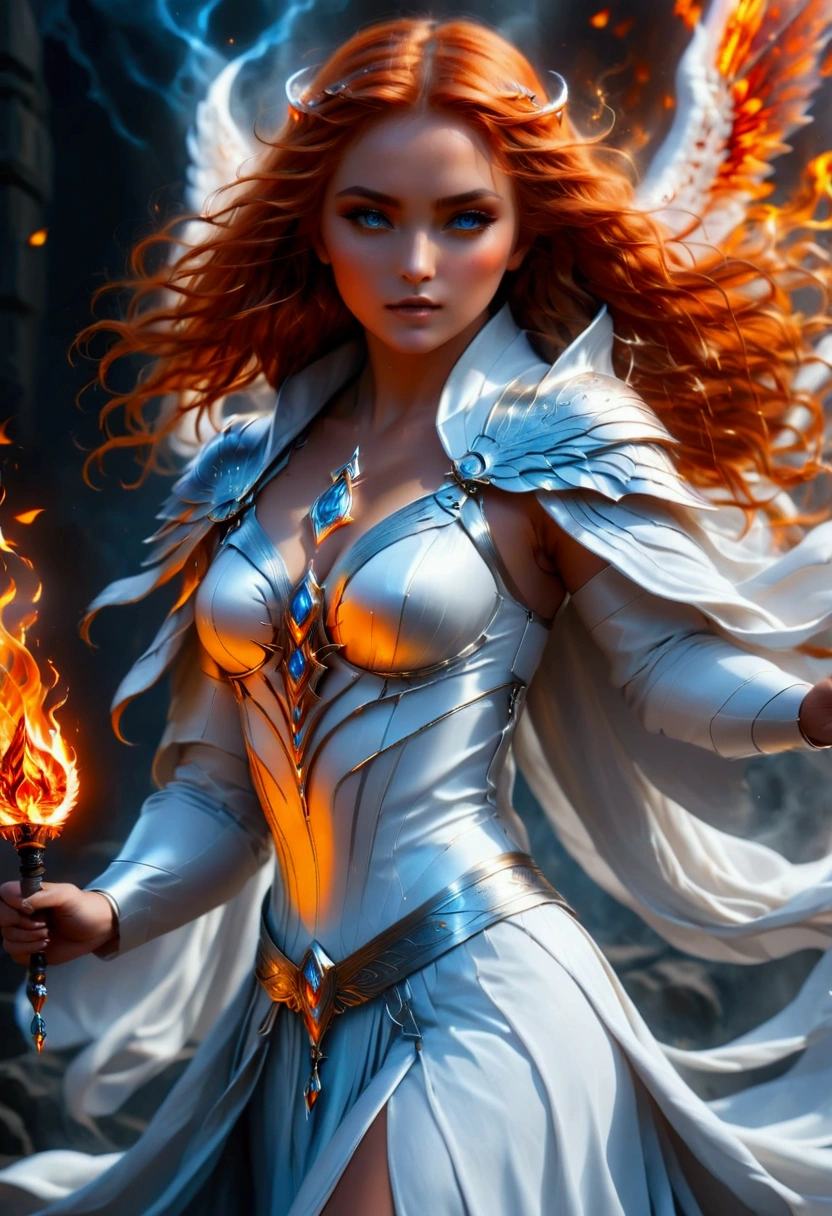 arafed high details, best quality, 16k, (ultra detailed: 1.5), masterpiece, best quality, (extremely detailed), dynamic angle, ultra wide shot, photorealistim, RAW, fantasy art, dnd art, fantasy art, realistic art, a wide angle picture of a female aasimar sorceress casting a fire spell, full body  (intense details, Masterpiece, best quality), D&D aasimar, exremley beautiful female aasimar, orange hair, long hair, wavy hair, dynamic eyes color, angelic eyes, radiant magical eyes, ultra detailed face (intense details, Masterpiece, best quality), spread angelic wings, white angelic wings (intense details, Masterpiece, best quality),  wearing [black] robe, wearing blue cloak, long cloak, flowing cloak with fire motifs (intense details, Masterpiece, best quality), armed with magical staff (intense details, Masterpiece, best quality), manipulating fire magical energy (intense details, Masterpiece, best quality), controlling lightning, dark fantasy magical tower background, evil temple background (intense details, Masterpiece, best quality), Cinematic Hollywood Film, FireMagicAI, Intense gaze