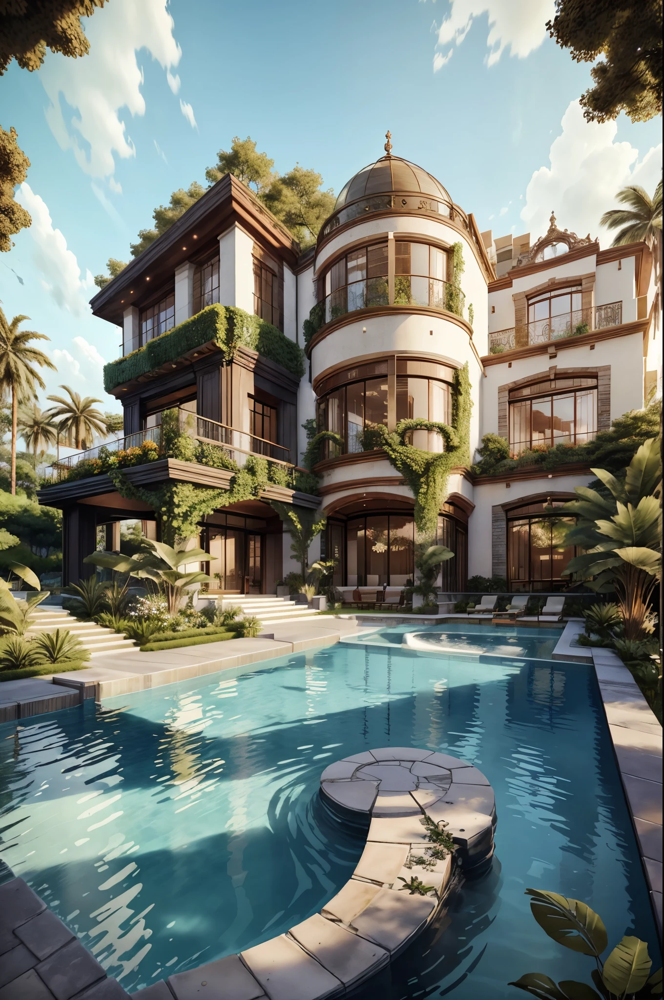 A grandiose two-story mansion, adorned with an extravagant array of multi-paned windows, boasts an impressive facade. The architectural masterpiece boasts a unique winged structure that extends towards a basketball court, complete with state-of-the-art hoops and gleaming hardwood courts. Surrounding the court, lush greenery and vibrant flowers contribute to the enchanting ambiance. In the backdrop, a breathtaking infinity pool sparkles under the sun, inviting relaxation and leisure. The whole scene is a picturesque blend of sophistication and fun.