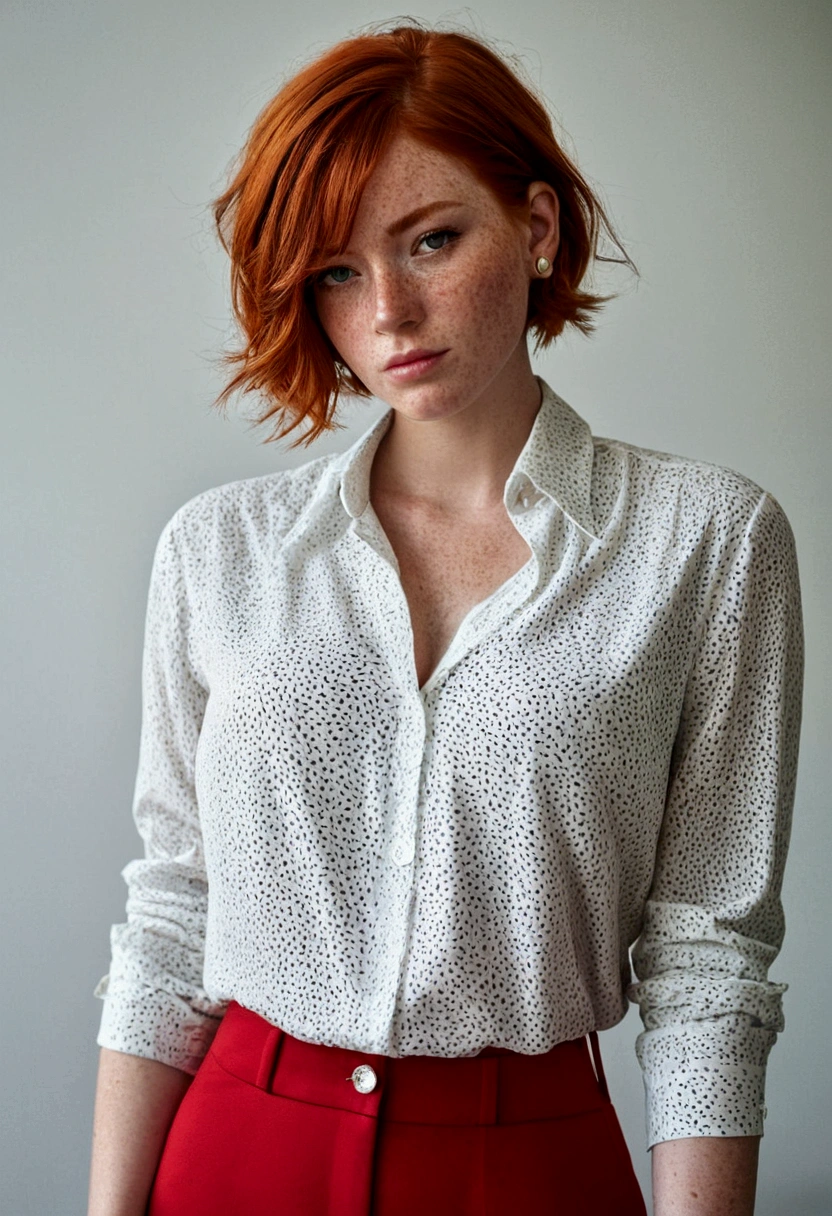 Girl , Red-Haired , freckles , shy short hair , very large breasts , wears a blouse, Blouse buttoned up to the top, visible buttons on the blouse, adult ,Sleeve style suit