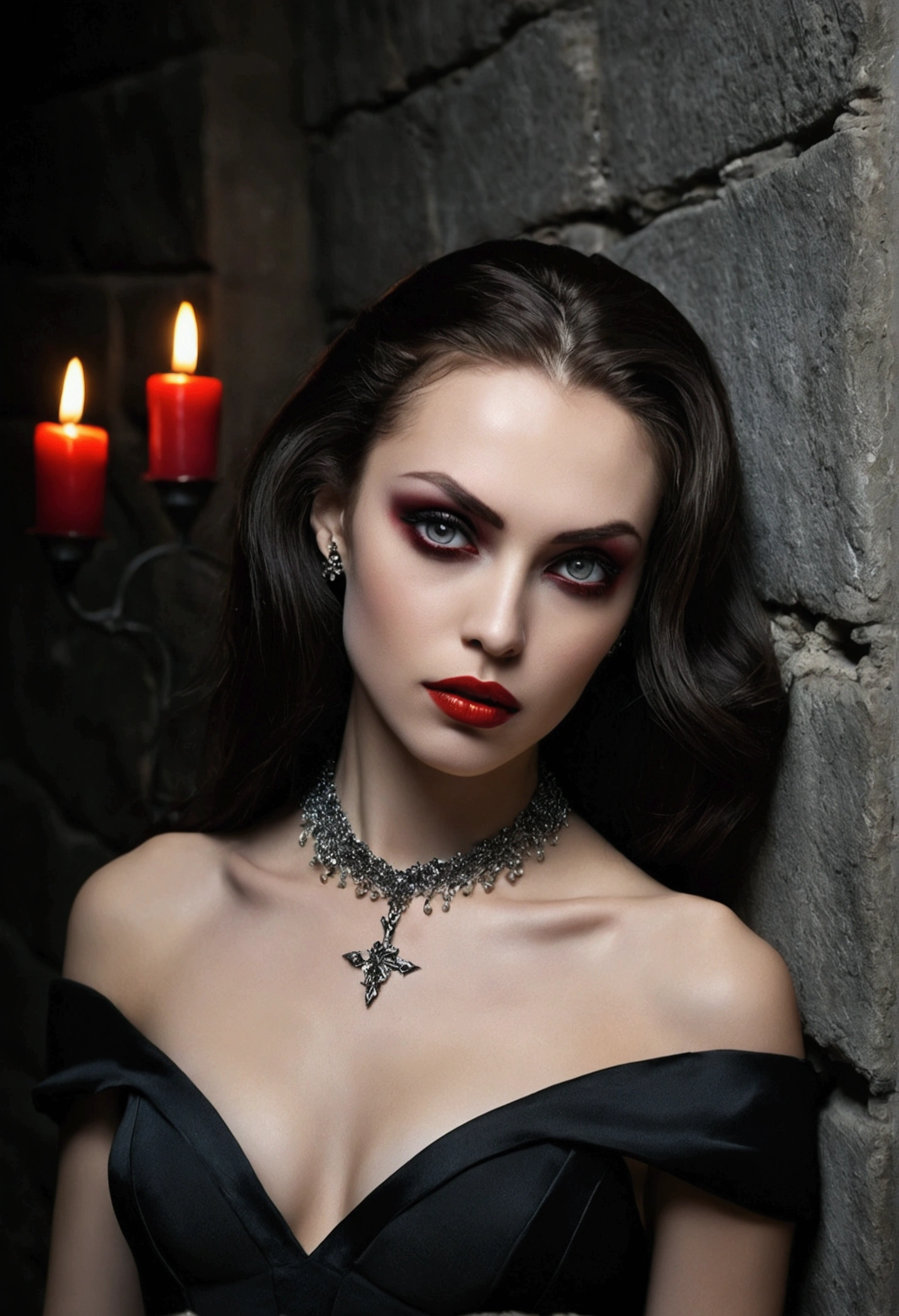 A realistic and detailed photograph of a vampire woman of elegant appearance and superhuman beauty. The vampire is posing in a dark and sophisticated environment, with stone walls and lit candles in the back. The young woman wears a black dress with silver decorations, plus a crosifix on his neck. His skin is very light and reflects a metallic texture.. Her hair falls in dark, straight waves to her knees.. Her eyes are of an intense red, with bright irises, and a black spot in his pupil. She is beautifully made up, with highlights in her eyebrows and bright red lips.